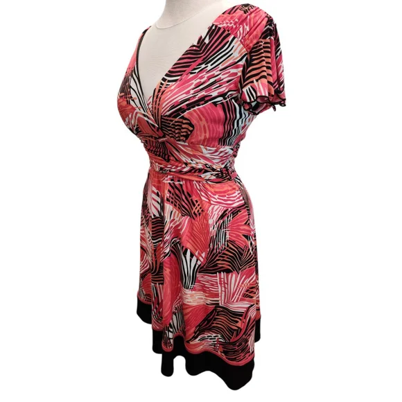 Sandra Darren 14P Petite Tropical Print Wrap Dress Pink Coral V-Neck Flutter - Picture 3 of 12
